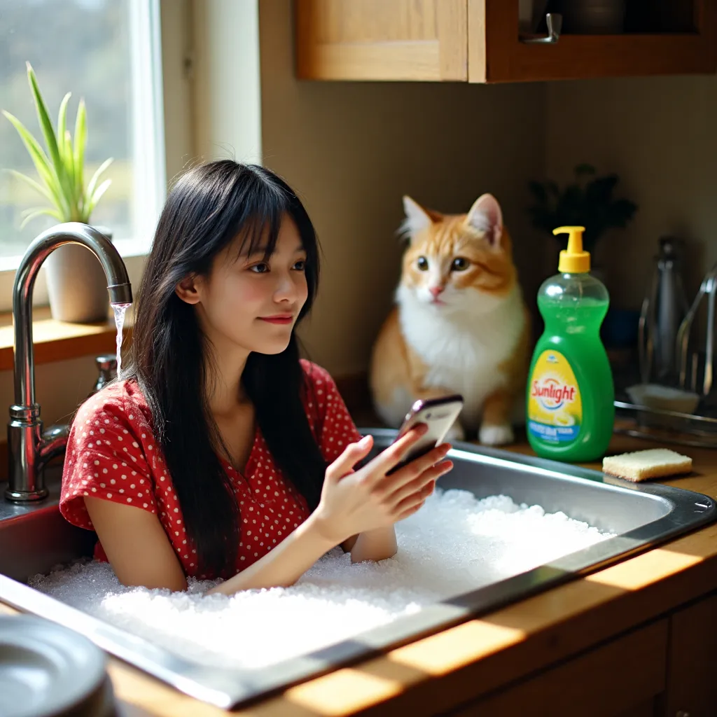女孩在洗菜池中沐浴