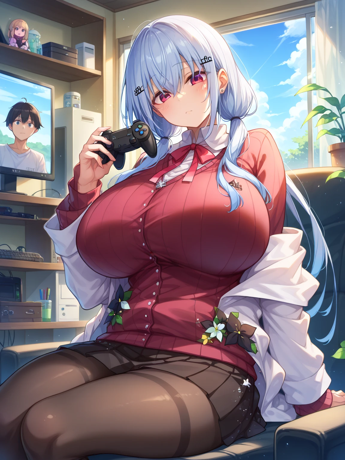 (masterpiece, best quality:1.3), (upper body:1.3), Yagokoro Eirin, Touhou Series, perfect face, expressive eyes, 1woman, looking at viewer, 38 years old, gorgeous body, big breast, beautiful, anime, lora,1woman, silver hair, braid hair, nurse cap, red and blue clothes, long skirt, (evil look, looking down on viewer:1.5), (cinematic lighting, realistic, dream-like, enchanting atmosphere:1.3), (photo of a woman in her dark and mysterious environment:1.3), (the woman surrounded by an aura of mystery and intrigue:1.3), (a dark and mysterious laboratory decorated with many flasks, each filled with colorful liquids:1.5), (a crystal ball nearby, adding to the mystical setting:1.3), (a hint of incense in the air, adding to the sensory experience:1.3),