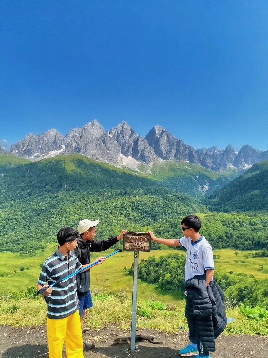 Chinese big breasts,Three boys stand on the bridge,Delicate facial features,Overlooking the mountains, vacation photo, with the mountains in the background, On a sunny day, beautiful fine sky, on deep forest peak, with the mountains in the background, mountain in background, with many travelers, In the mountains, moutain in background, facebook post, onthe mountain, onthe mountain, epic mountains in the background((super detailing)),((Very Masterpiece)),8K,((Super best quality))