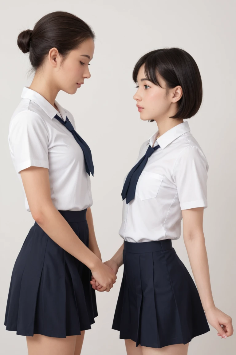 2 girls in the piano room, Navy blue short-sleeved shirt,Navy Long Trackpant,Sweatpants, Sweatpantsขายาว, lying on the bed., lesbian, coax, Sexual arousal