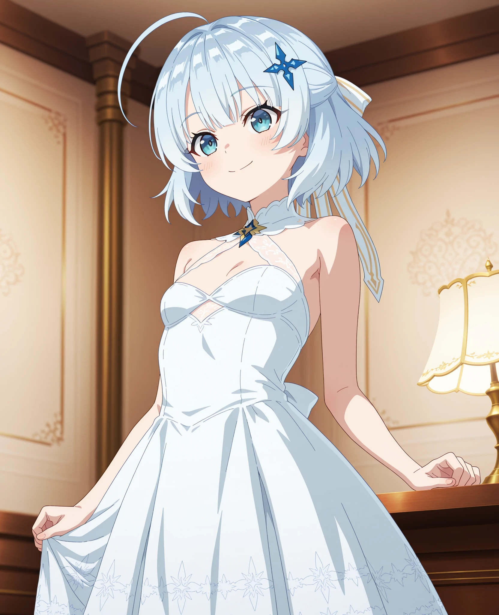 score_9,score_8_up,score_7_up,extremely detailed,ultra-detailed,official art,professional lighting,masterpiece,top quality,great quality,very beautiful,absurd,latest,best quality,4K.1 girl,「Her Royal Highness's tutor」,Tina Howard,light blue short hair,ahoge,kanzashi,white ribbon in hair,blue eyes,small breasts,petite,pretty,fantasy.smile,white dress.