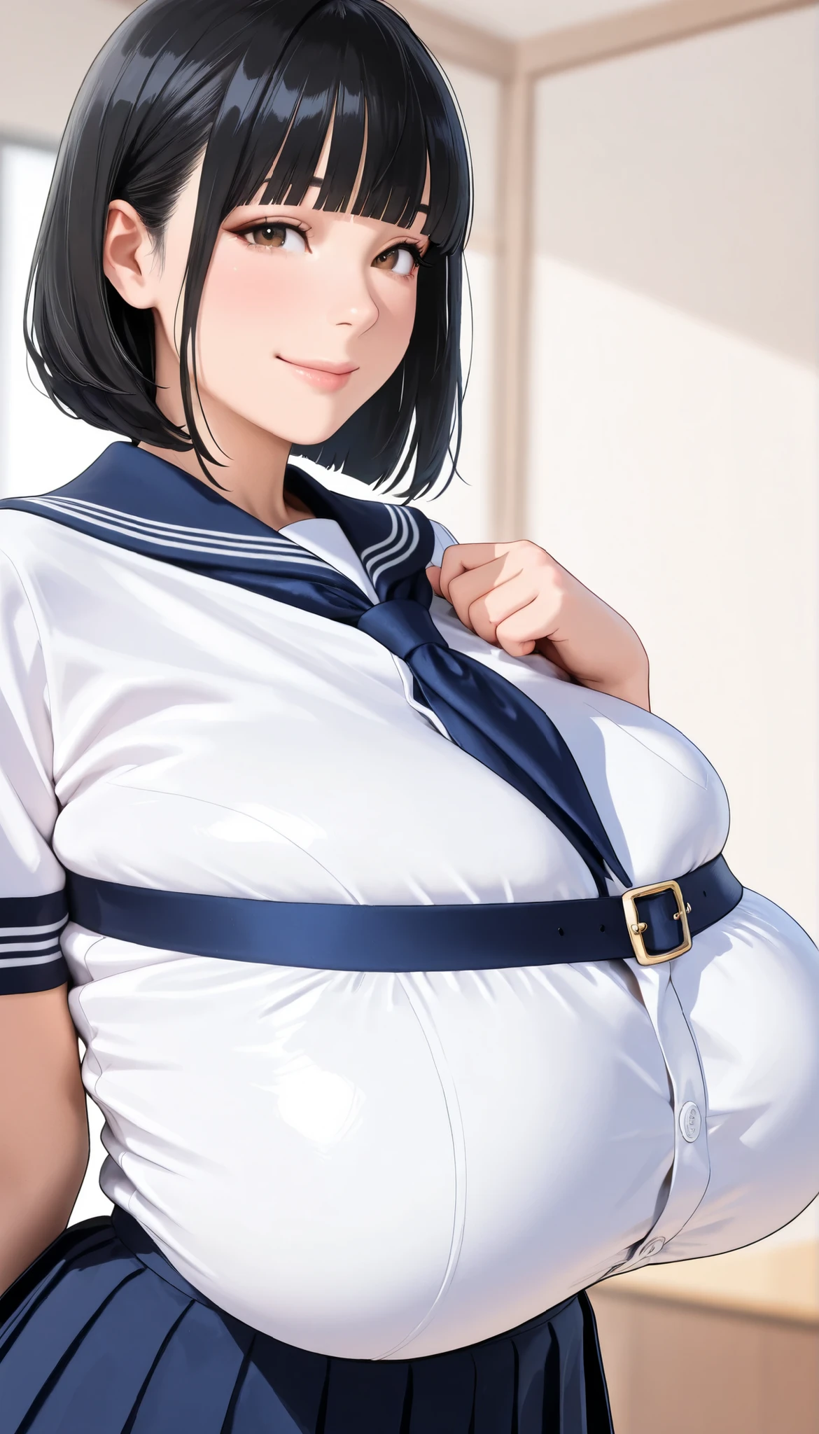(masterpiece, best quality:1.2, perfect hands, parfect fingers, parfect face, high resolution, high detail, 16k), 1 girl, solo, cute, (((junior, teen, childish, 13 years old, baby face, middle school student, js))), japanese girl,smile, cowboy shot, hotelroom, black serafuku, half sleeve, sailor scarf, pleat skirt, gigantic breast, pregnant,
