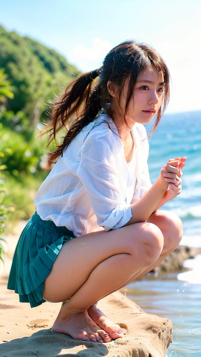 (((Top-down configuration:1.33)))、((No underwear:1.55))、One Girl、Beautiful and detailed eyes and face、barefoot、20 year old cute Japan woman, ((Extremely precise and accurate anatomy:1.0)), (photo Realistic:1.4), (hyper Realistic:1.4), (最高品質のRealisticな肌の質感:1.4), (Improvement of quality:1.4), (Enhances the beauty of skin texture:1.1), Clean and glowing skin, mesh, thin:1.2, (Realistic:1.3), Realisticなライティング, (Smoother lighting:1.05), (Improving the quality of cinema lighting:0.9), Backlight, A gentle light on your face, Ray Tracing, (Bright light:1.2), 32k, One Japanese woman, fine grain, Detailed face, (Film Grain:1.1),(Accentuates body lines:1.1), High resolution, Natural look, Kind eyes, Improves hair quality, Delicate light and shadow, Transparent muscles, Graceful pose, Beautiful Eyes, Sharp details, Soft light reflection, Beautiful contours, Delicate skin tone, Fine hair texture, Natural background, (((sunny day、Beach、A strong wind is blowing、Her hair and skirt are flying、Squat, Traditional navy blue sailor uniform、Open shirt、Pleated skirt、Scooping seawater with hands:1.25、splash、Sandy Beach、Light of the sun、clear blue sea、The waves crash quietly、Blue sky and white clouds、green mountain々、Beautiful Nature、The joys of youth)))、
