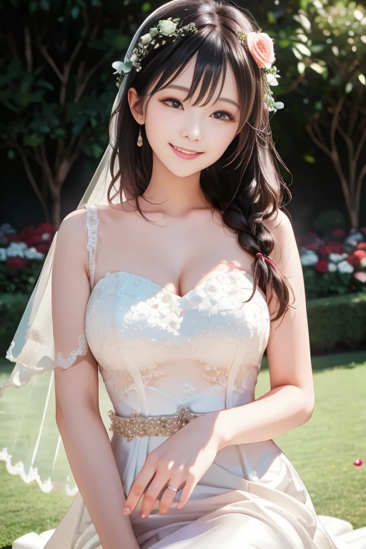 Wedding dress,bride,Waiting for love,Beautiful and delicate eyes,Beautiful and delicate lips,Extremely detailed eyes and face,long eyelashes,fairytale atmosphere,soft light,romantic mood,Stunning background,flowers,dream colors,Emotional expression,romantic pose,blurred background,sparkling veil,Delicate lace,Sparkling tiara,Elegant hairstyle,vintage decor,Vintage furniture,ethereal atmosphere,breeze,whispering tree,cute smile,anticipatory,Heartfelt emotions,gentle and loving,graceful movements,Soft and gentle touch,Warm and tender moments,romantic atmosphere,lifelike masterpiece,Highest quality 4k resolution,studio lighting,bright colors