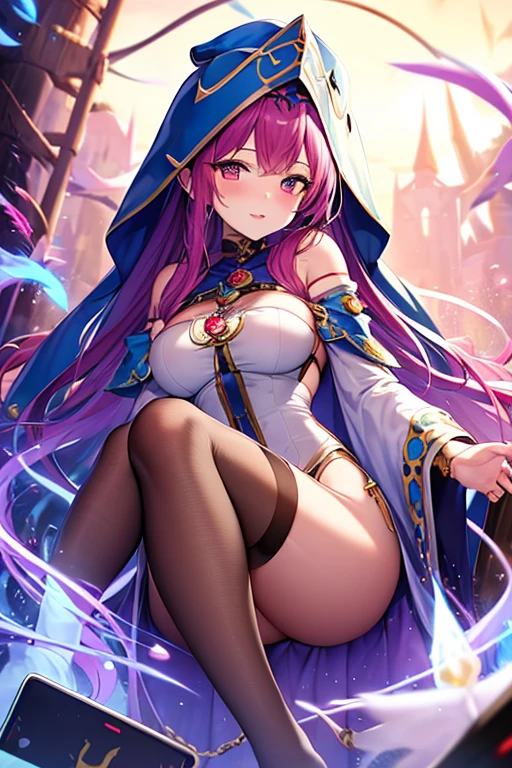 A pink haired woman with violet eyes with an hourglass figure in a dark magician girl outfit is posing in a dark forest with a big smile