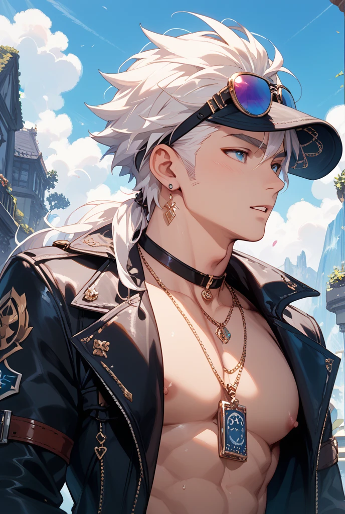 Tall guy, short white hair, Yellow eyes, Mask on the eyes, turquoise body armor, Sleeveless, Gold Chains, tattoos on arms, Black pants, ciberpunk, hiquality