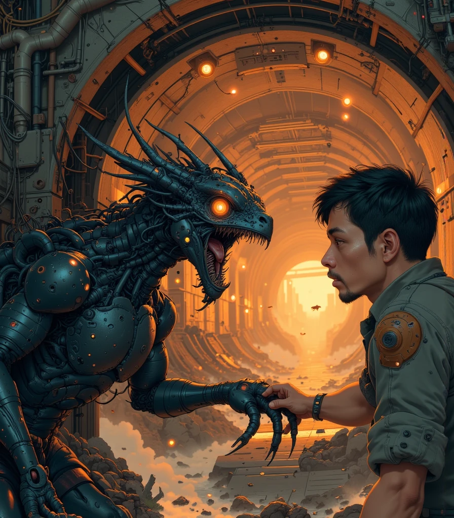 Cyber worm vs ninja elf fighting in space inside a futuristic spaceship