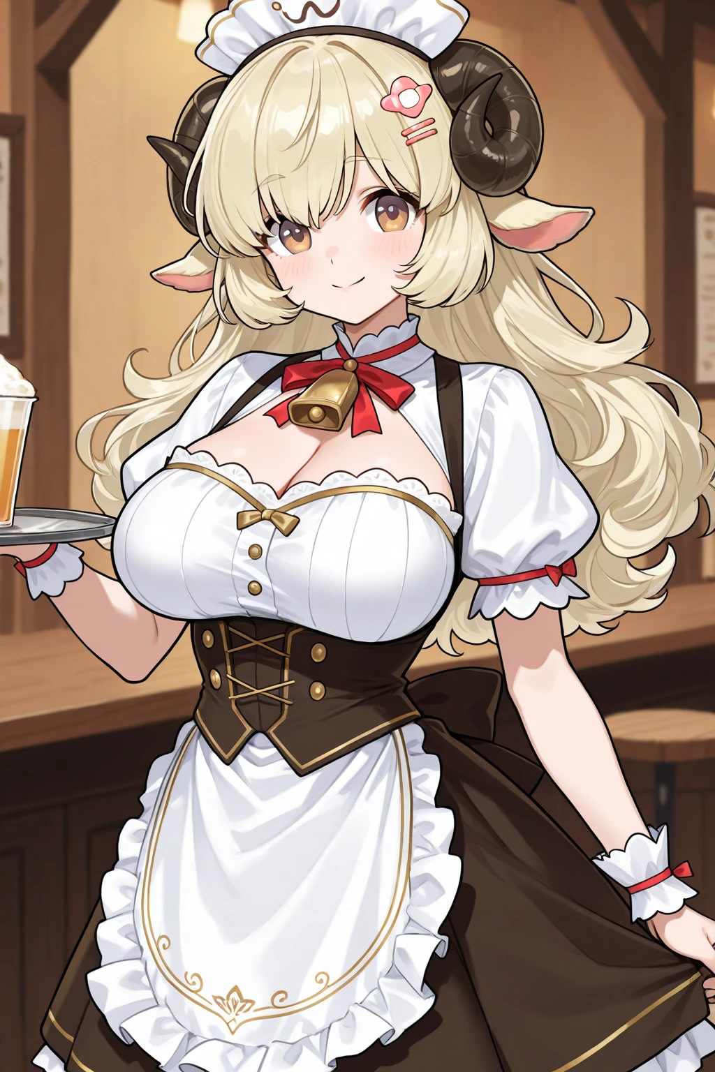 (masterpiece, best quality:1.2),illustration,8k,hd,1girl,solo,long_hair,breasts,large_breasts,smile,bangs,dress,animal_ears,cleavage,very_long_hair,collarbone,short_sleeves,frills,horns,puffy_sleeves,white_dress,black_dress,puffy_short_sleeves,grey_eyes,sheep_ears,cow_ears,cow_horns,cow_girl,<lora:CowGirl Bubble-V1:0.7>,