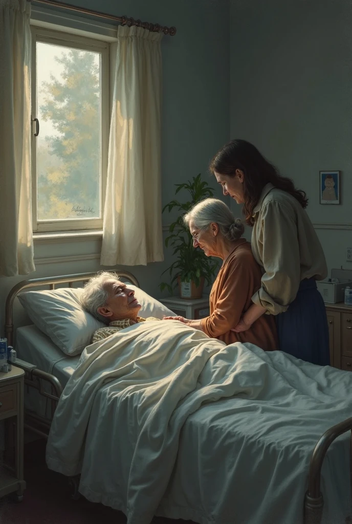 Older woman died in bed and man and young village girl crying around