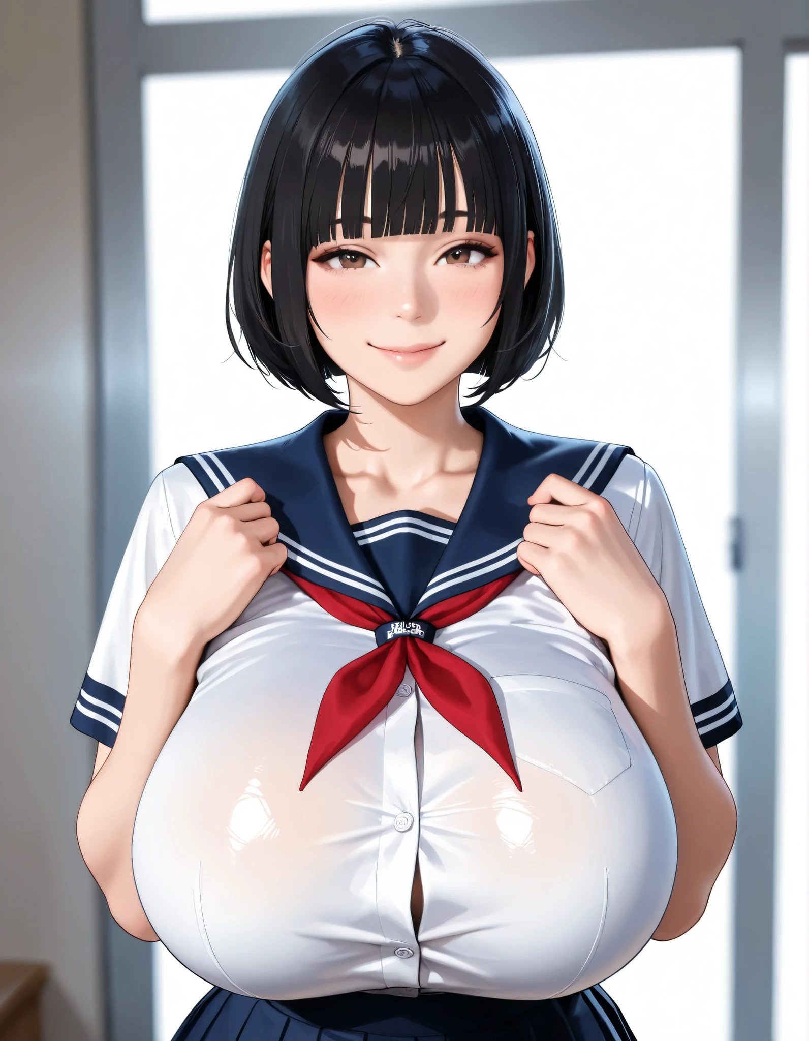 masterpiece, Highest quality, High resolution, alone, Red neckerchief, , Extra Large ,pubic hair、Nipples、Areola、Thighs、Navy High Socks、High resolution、Legs wide open、snap shot、Official photo、Cinematic、shower room