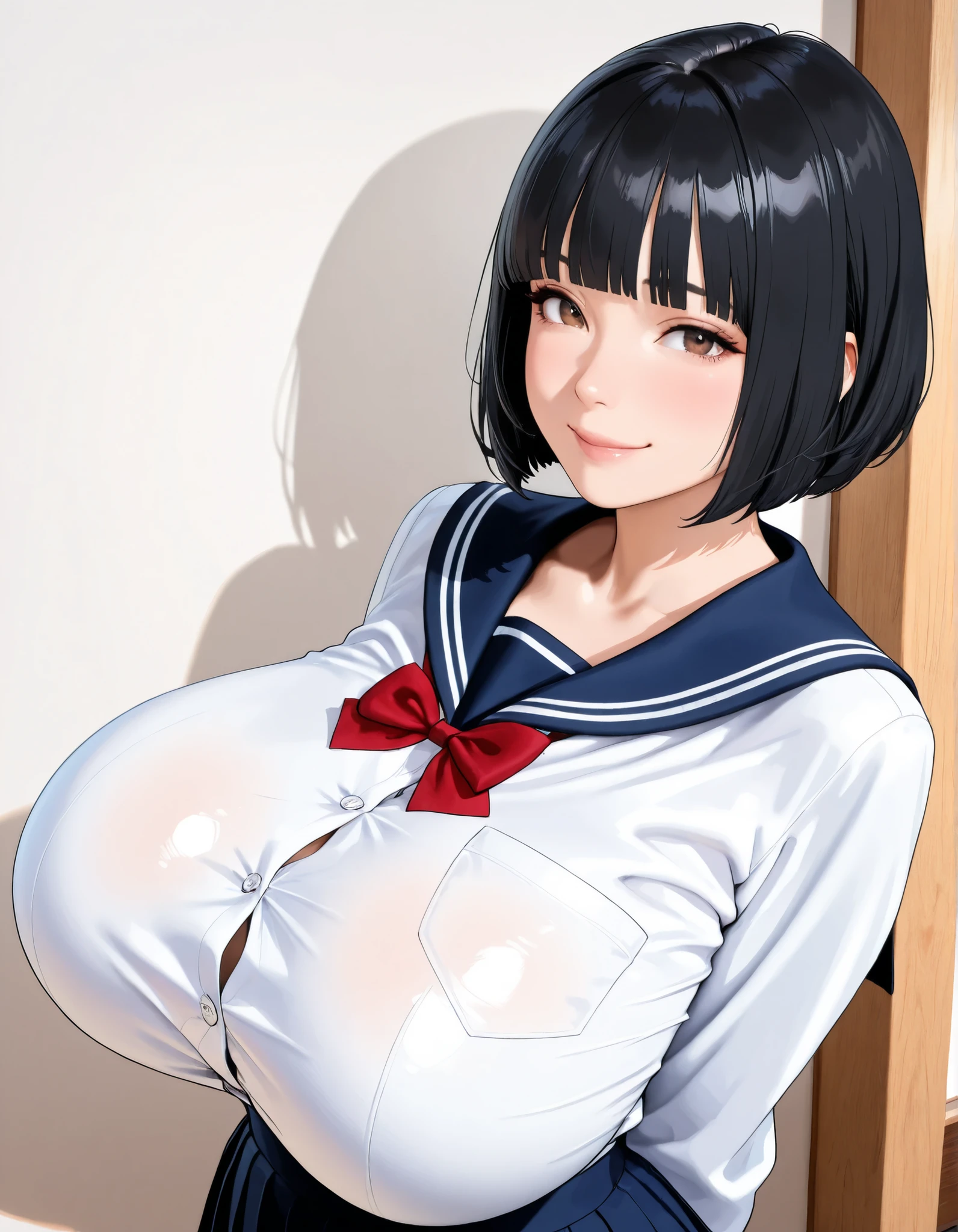(masterpiece, details, top quality, 8K, [realistic], absurd:1.2), Japanese Women, 1 high school girl, beautiful character design, Plain face, (black hair, middle hair, bob cut, blunt bangs),  美しくdetailsな目の描写, expressive eyes, brown eyes, Japanese woman who likes to be lewd, Smile, (school uniform:1.5,  navy blue sailor skirt), (voluptuous bust:1.5, saggy huge breasts:1.5), standing, (upper body:1.2)