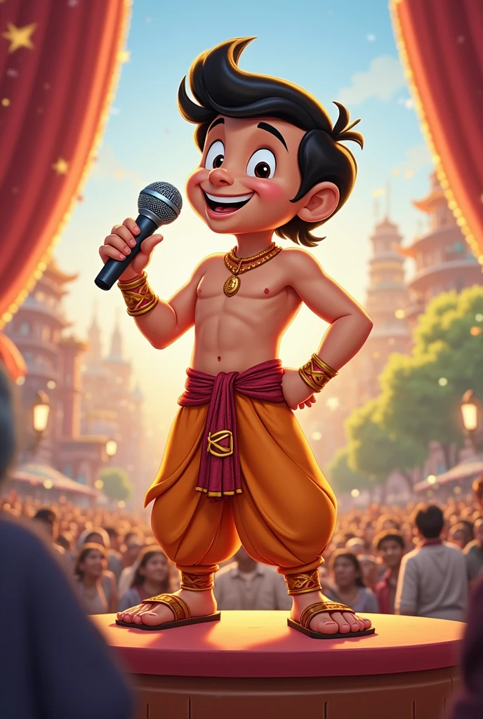  appears to depict a 2D animated character, likely styled after traditional Indian royalty or a deity, with exaggerated features for a comedic or friendly effect. The character is male, with a broad smile, wide eyes, and a bushy mustache. He is wearing a golden crown adorned with red jewels and has long, wavy black hair. His attire includes a white dhoti, various gold jewelry like necklaces, earrings, and bracelets, and he is holding a speaker in his left hand. His expression is joyful and surprised, with his right hand gesturing as if he's excited or amazed by something. The overall style is vibrant and cartoonish.