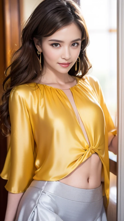 (RAW Photos:1.2)、 (Realistic:1.4),(D cup breasts),Thick legs、alone、(Golden Silk_See-through dress:1.8),(She is wearing a white camisole under her dress.:1.6)、(Knee-length skirt:1.4),(Pearl_Earrings:1.3),Jewelry Necklace Short Hair,black eye、(Dimly lit hotel room:1.8)、(Looking at the audience:1.2)、Beautiful Japanese Women, Very detailed,High resolution, Very detailed,highest quality,Raise your consciousness,Unified,8k wallpaper,masterpiece,highest quality,1 female,alone,rich,Whole Body Ezbian,(A kind smile:1.5)、(Full body photo)、sitting on the sofa with legs together、Black pumps、Wooden floor、chandelier