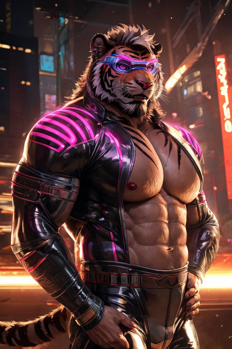 solo, anthro, furry male, muscular male, Tiger,((fluffy fur,fluffy, furry body)), (dark grey fur, dark grey body, dark grey body), muscles, green pupils, purple eyes, glowing eyes, tail, detailed fluffy fur, detailed face, detailed eyes, chest, (Tracksuit, black clothes, sneakers, glowing sneakers, bracelets, neon sunglasses, baggy pants), sci-fi, neon, (by null-ghost,by raccoon21, masterpiece, high quality, hi-res, 8k, hd), close-view portrait, looking at viewer, night, happy expression, pose, arm's down, chain, macro in miniscule city