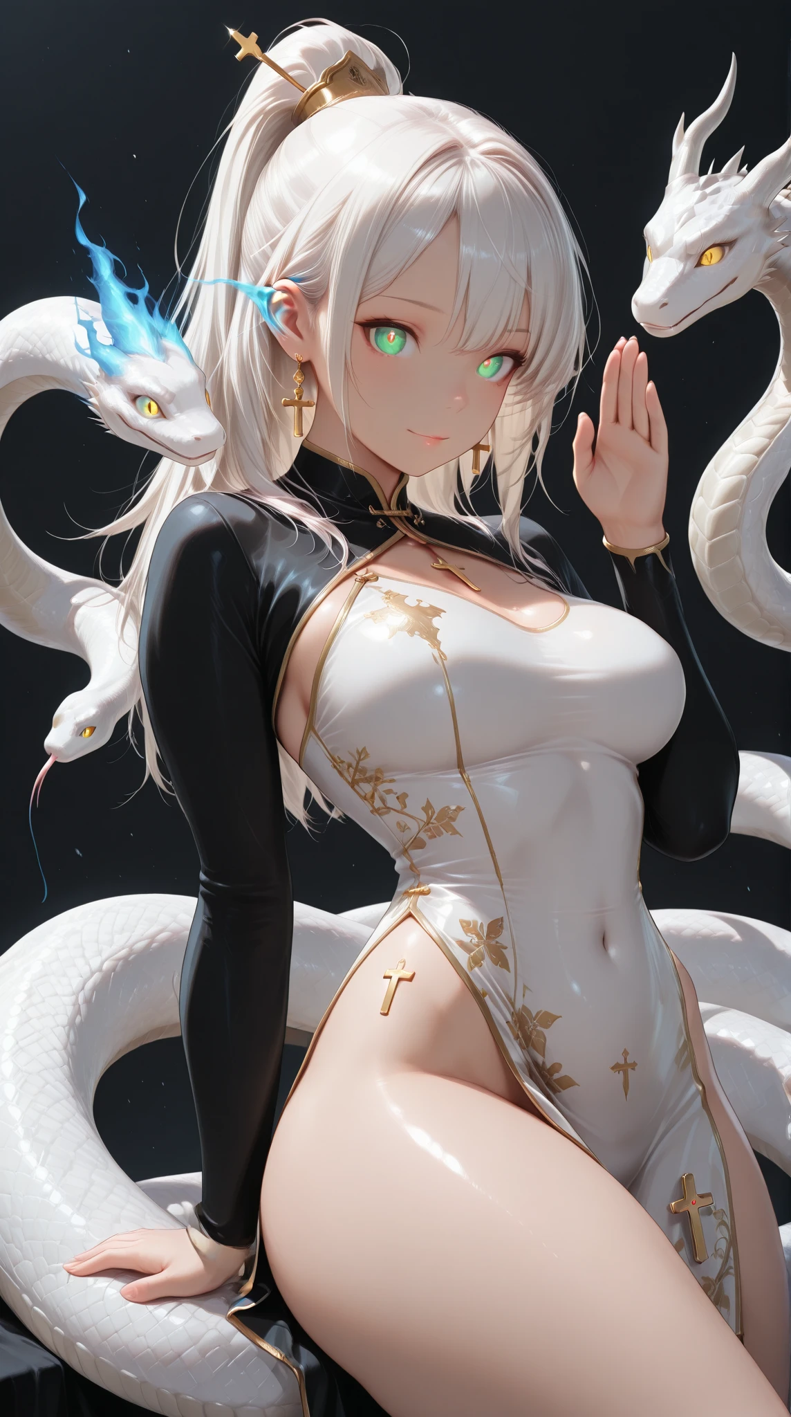 Josef Liesler, Eugene Ivanov, František Muzika, Chris van Es, Surrealism, mysterious, bizarre, fantastical, fantasy, Sci-fi, Japanese anime, a world beyond the forest and a cute devilish miniskirt beautiful girl princess, perfect voluminous body, coquettish looking at viewer, the heavenly joy of world fulfillment, a sphere, a snake that travels around the world, detailed masterpiece Hyper realistic cinematic lighting depth of field sharp focus looking at viewer happy shy smile blushing real 