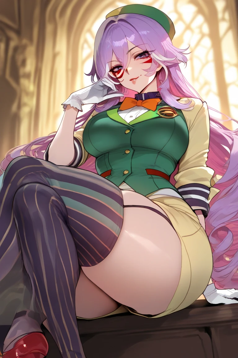 She is a light green with purple hair and a green mole above her mouth. She has red glasses and wears an orange buttoned shirt with a red bow tie, a skirt with orange and yellow vertical stripes, and a pair of red heels. SPARKLE; GLITTER