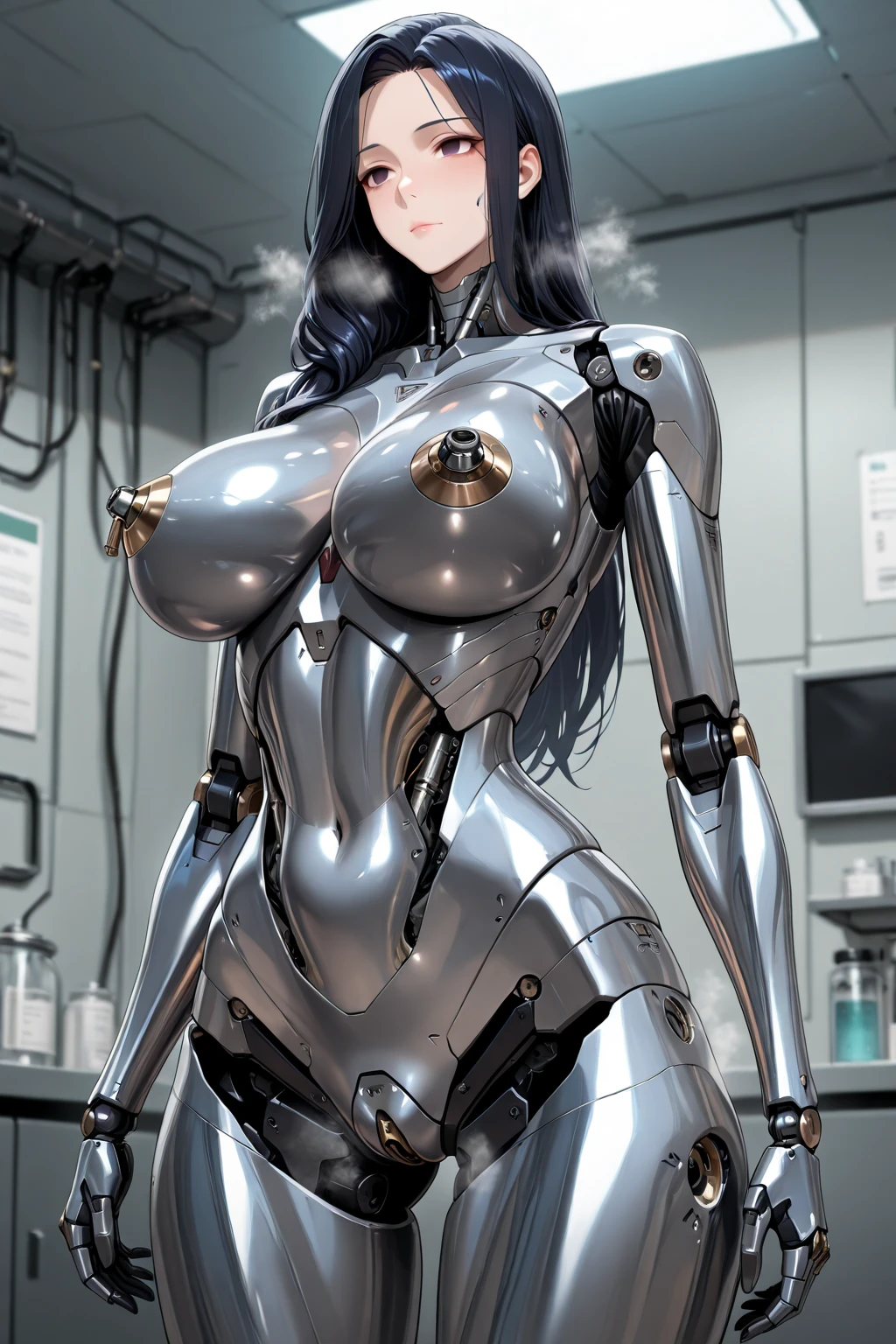 Busty girl with mechanical body sitting in the room, Ultra realistic, high details, big tit, blood, her boob is mechanical, electric
