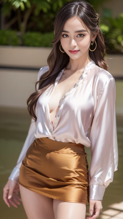 ulzzang -6500-v1.1, (Raw photo:1.2), (Photorealsitic), ((FULL BODYSHOT:1.4))、((brown super long hair:1.4))((loose and wavy hair:1.3))((Gold necklace＿large earring:1.2)) ((FULL BODYSHOT:1.4))、Beautiful detailed, (Real: 1.4), ighly detailedな目と顔, beatiful detailed eyes, Standing in the office、(red silk blouse＿long-sleeve＿See-through sleeves＿Red pleated skirt:1.4)、(Ultra-realistic pantyhose、high-heels)、Standing cross-legged、huge filesize, hight resolution, ighly detailed, top-quality, [​masterpiece:1.6], illustratio, ighly detailed, nffsw, finely detail, top-quality, 8k wallpaper, Cinematographic lighting, 1 milf, 43 yeas old, perfect body type, cute droopy eyes beautiful big eyes、Pieckfinger, ((masutepiece)), Best Quality, 1 milf, eye shadow, Portrait, ((FULL BODYSHOT:1.4))、(Very affectionate smile:1.2)、