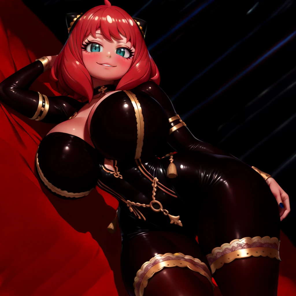 Generate a realistic illustration of a mature Masane amaha (witchblade), ((grey insectoid details)), grey gloves, (Aletta ocean face), blunt bobcut,  de terno preto, straight hair, (long red hair), ((black torso)), (slendered abs:1.4), black gun holster, (gigantic breasts), grey outfit in anime format with a serious style, shiny skin, (black sclera), red eyes, perfect skin, detailed face, defined cheekbones, puffy lips, ((over the elbow gloves)), perfect legs, perfect arms, ((black over the knee boots)), gothic make up, masterpiece, dark lighting, black background, puffy lips,slendered abs, beautiful face,