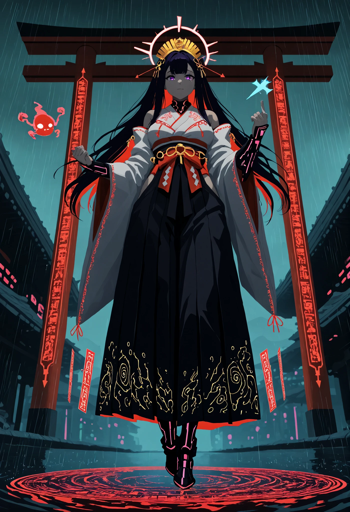 A futuristic cyber shrine maiden in mid-combat, drawing back a glowing energy bow charged with neon-red arrows made of armored cybernetic steel. She wears a sleek cyber-miko outfit: a white armored kimono with glowing circuit-like embroidery, a black high-tech hakama, and reinforced boots with pulse-emitting soles. Her long dark hair flows with strands of luminous fiber optics, and her futuristic headdress projects holographic Shinto kanji symbols.
she has a floating drone companion shaped like a sacred shikigami (spirit familiar), displaying digital talismans and spell interfaces. Alternatively, her forearm has a holo-bracer that projects scrolling incantations. Around her waist, a utility belt that holds kanji-writ talismans—and she also has small glowing discs that float and form barriers or attack patterns.
Behind her, a neon-lit cyber shrine pulses with energy, its torii gates flickering between the physical and digital realms. The backdrop is a rain-soaked megacity where skyscrapers are adorned with traditional Japanese architecture, blending past and future. The scene is bathed in electric blues, deep purples, and vivid crimson highlights, with volumetric light and particle effects for a cinematic, hyper-detailed finish. cyberpunk theme, lots of neon extra-detailed lighting utilized, muted soft tones too though. at the bottom of the image.. the rain water is making the bottom of image become runny in a surreal way... like the vibrant glowing colors are mixing and bleeding down and out of the page.