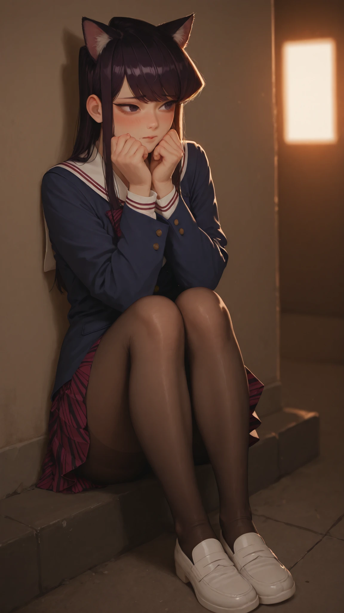 ulzzang -6500-v1.1, (Raw foto:1.2), (Photorealsitic:1.4), a beautiful detailed girl, extremely detailed eye and face, beatiful detailed eyes, Ridiculous, unbelievable Ridiculous, huge filesize, ultra-detailliert, hight resolution, ighly detailed, top-quality, masterpiece, Kemomimi, ((bury your face in your scarf)), (((Japan schoolgirl uniform))), illustratio, ighly detailed, nffsw, unification, 8k wallpaper, astonishing, finely detail, masterpiece, top-quality, Highly detailed ticker uniform 8K wallpaper, face lights、Cinematographic lighting、1girl in、sixteen years old、(witheout panties)、((dynamicposes)))、(camel's toe)、(half)、(Crooked knees and legs sitting))