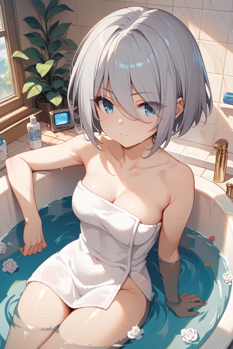 ((high quality)), ((masterpiece)), 8k,1 girl,In the bath,Big Breasts,Gray Hair,Bob Hair