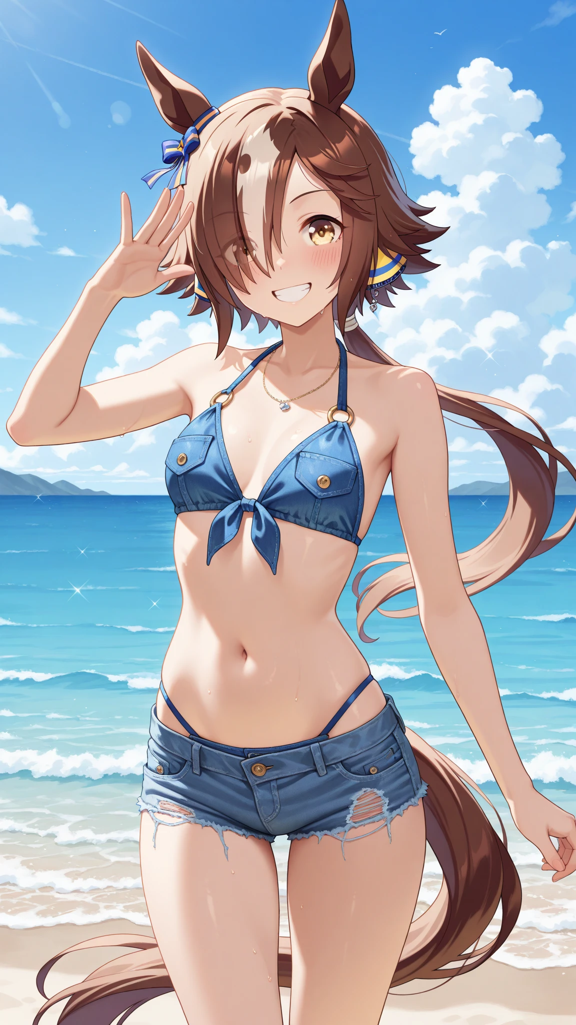 rice shower,(rice shower \(umamusume\)),(masterpiece),figure,brown hair,long hair,purple eyes,flowing bangs,long bangs,long hair,small breasts,hair covers right eye, smile,looking at the viewer,((highly detailed eyes)), (((bikini))), masterpiece, highest quality, (abnormal body, small breasts, horse tail,smile, pool, whole body, frontage, long ponytail,hot pants denim