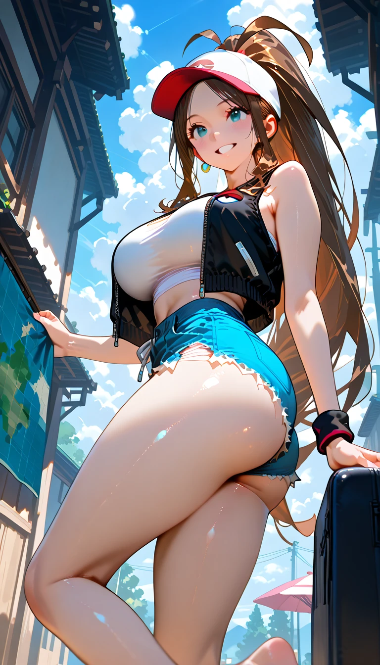 Official fine art，tmasterpiece，Sharp focus，Delicate and beautiful hair and eyes and face，realisticlying，ultra - detailed，woman，blue-sky，Glowing white particles,(side-lighting:1.2),rays of sunshine,baiyun,Detailed clouds,Slender,huge boob，Buttocks,Toothy laughter,((Laugh and open your eyes)),scenecy,Long straight hair, sexy facial expression, buliding, (Cityscape:1.7),Long white socks, paleskin, hair adornments, epic landscapes,