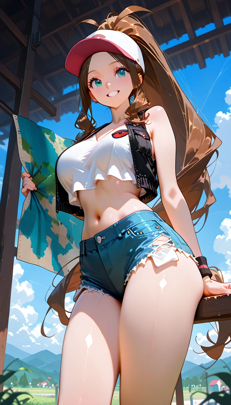 (8K、Highest quality、Highest quality、masterpiece)、Detailed face、One Girl、
(Brown Skin:1.2)、Long Hair、
Blue Eyes、Sweat、Grin、
(White tank top、Denim hot shorts、Mini Shorts、Standing one leg、Up leg、Cameltoe)、
Beach、cloud、
belly button、Big Breasts、