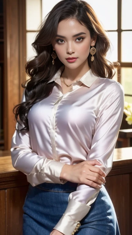Urzan-6500-v1.1, (RAW Photos:1.2), (Photorealistic), Beautiful details, (Genuine: 1.4), Very detailedな目と顔, Beautiful and fine details, Standing in the office、Stand with your legs crossed、Large file size, High resolution, Very detailed, Highest quality, [masterpiece:1.6], Awareness-raising, Very detailed, Hmph, In detail, Highest quality, 8k wallpaper, Cinema Lighting, One mature woman, 43 years old, Perfect figure, Cute droopy eyes,Beautiful big eyes、Pieck Finger, ((Tabletop)), Highest quality, One mature woman, eye shadow, Portraiture,White long sleeve button up blouse_With collar_Remove up to the second button＿Brown pleated mini skirt、Long straight hair_Hair reaching down to the waist、gold necklace＿Large earrings、Sits on a bar chair by the counter in a seductive pose in a stylish bar at night、((Elegant silk blouse:1.3), (super realistic pantyhose:1.2), (mini skirt:1.2),