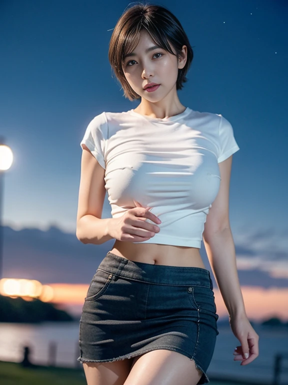 pubic hair, pokies nipples covered with clothes, (best quality,4k,8k,highres,masterpiece:1.2), ultra-detailed,(realistic,photorealistic,photo-realistic:1.37), extremely detailed illustration, cinematic lighting, vibrant colors, serene and beautiful, perfect anatomy, anatomical correct body, detailed textured clothes, shiny textured skin, (Shoot from below:1.5), Front Angle, (From below :1.4), (Crotch focus:1.2), (low angles:1.2), 26yo, Japanese Beautiful Girl, young girl, cute face,  body, 150cm tall, Medium bob hair, Plump breasts, Constricted waist, White T-shirt , denim Pleated mini-skirt, White panty, Photographed from below, Squatting on the Gulf in the evening, knee together, feet apart, Open legs, girl's both hands push pussy of herself, masturbation, extremely orgasm, sexual pleasure climax, girl's both hands touch crotch of herself, girl's finger inserting into her vagina, Looking at the camera, Red sky and beautiful clouds, Sundown,