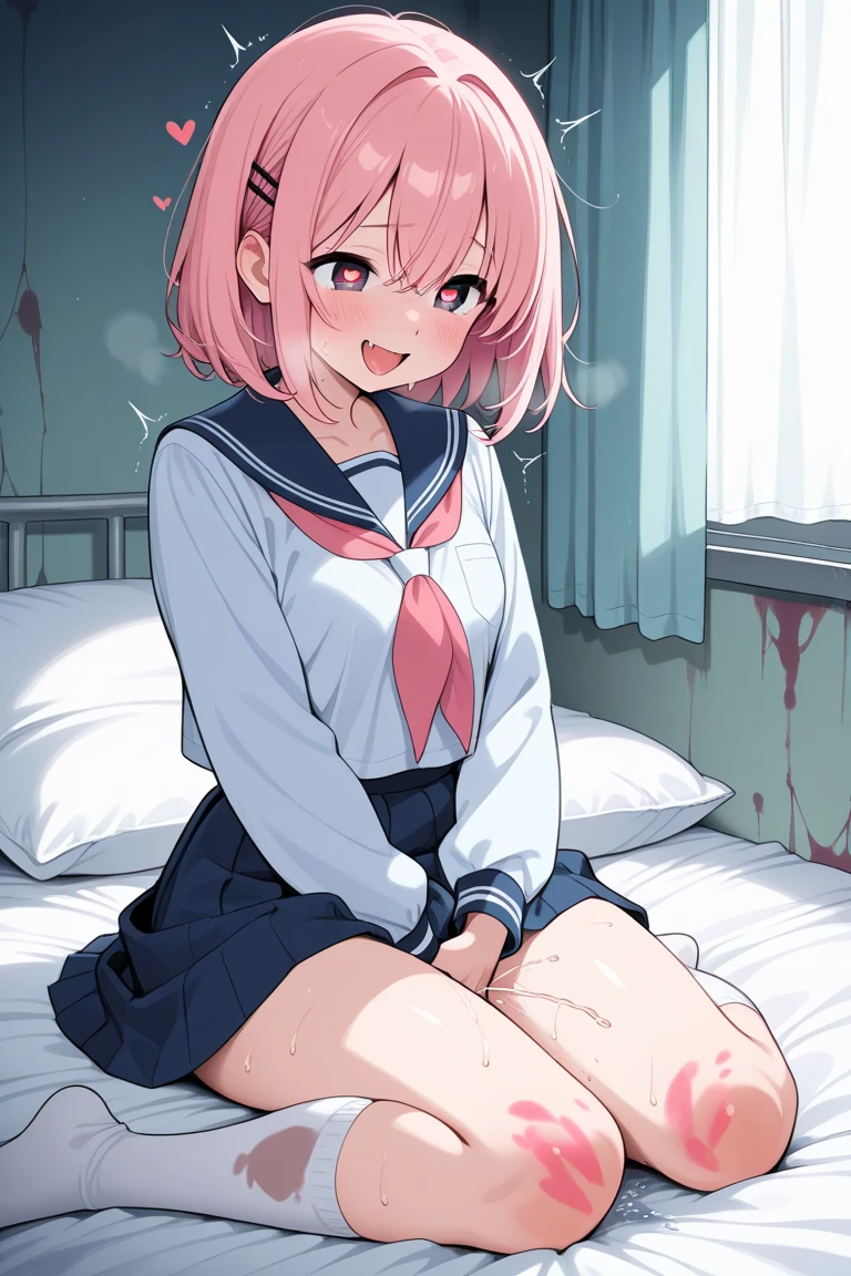 (Ideal:1.2), (perfect:1.2), (flawless:1.2), (highest quality:1.2), (best quality:1.2), on bed, 1girl, (evil smirk:1.2), (loli:1.2), young, (school uniform:1.1), detailed body, sexy thighs, small breasts, short hair, high quality eyes, 4K, highest quality resolution, best quality resolution, best quality upscale, no panties, no underwear