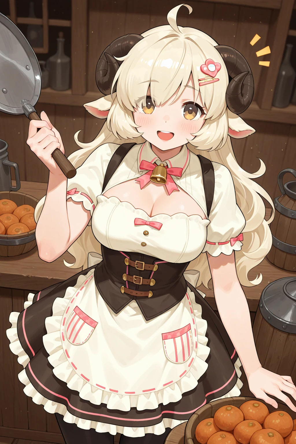 (masterpiece, best quality:1.2),illustration,8k,hd,1girl,solo,long_hair,breasts,large_breasts,smile,bangs,dress,animal_ears,cleavage,very_long_hair,collarbone,short_sleeves,frills,horns,puffy_sleeves,white_dress,black_dress,puffy_short_sleeves,grey_eyes,sheep_ears,cow_ears,cow_horns,cow_girl, <lora:cow:0.8>