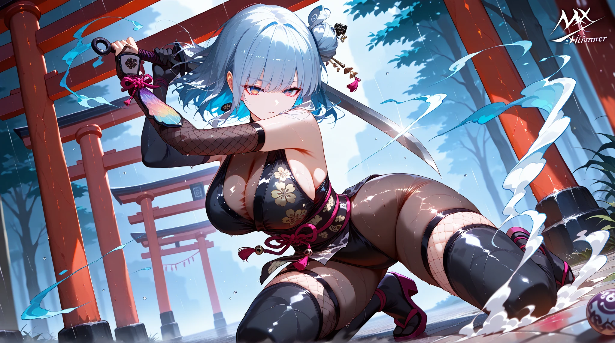 absurdres, RAW photo, extremely delicate and beautiful, masterpiece, Best Quality, ultra high resolution, 32k, hyperrealistic, ultra-detailed, in her 20s, delicate facial features, tearful mole, earring, medium breasts, full body shot, shorter middle hair, black hair, shuimobysim, Japanese kimono, ninja, samurai, sword with blue flames,