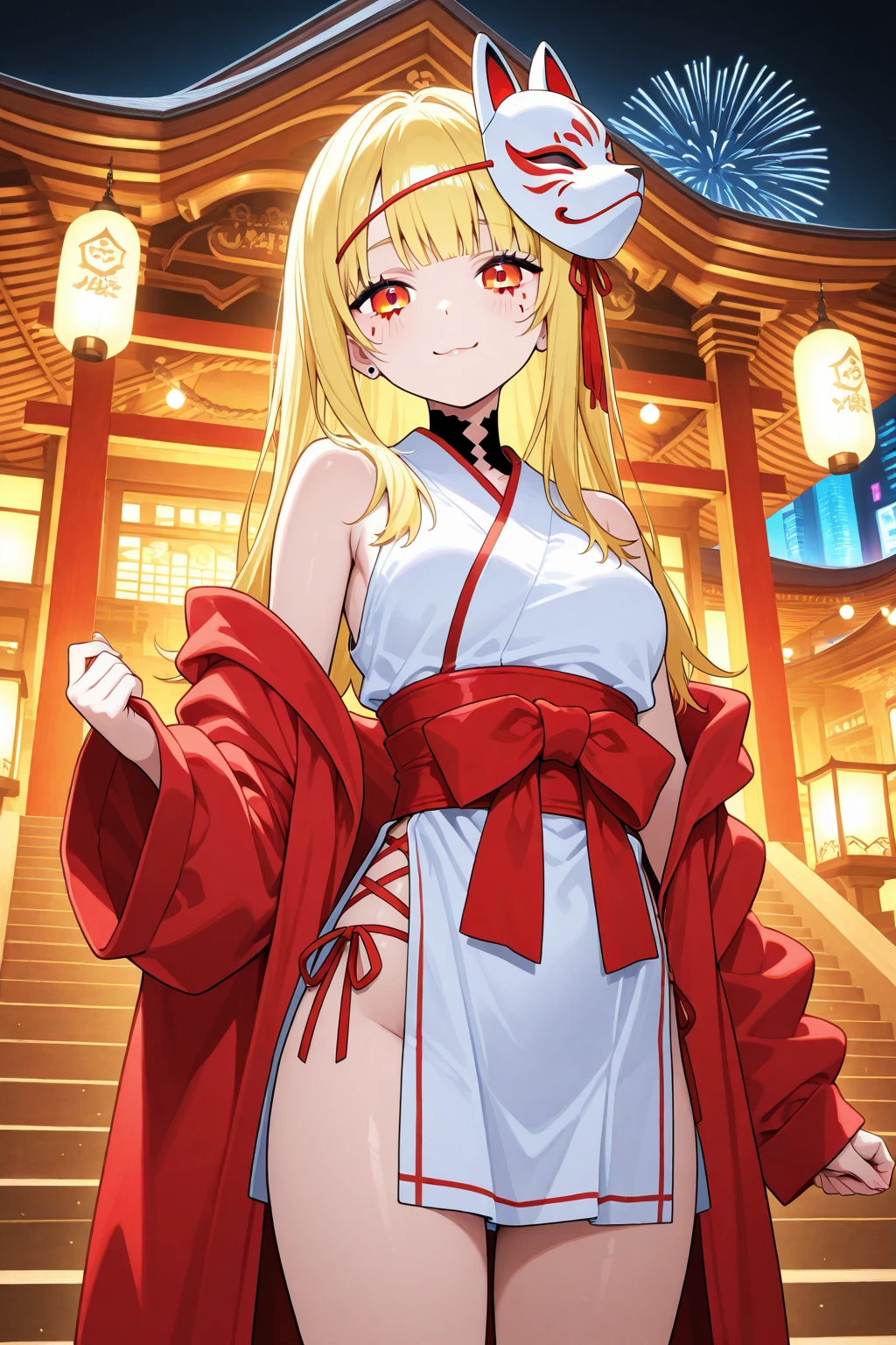 highest quality、smile、Small breasts、Cleavage、Fox ears、Long blonde、Red Eye、slouch、kimono、Japanese-style room