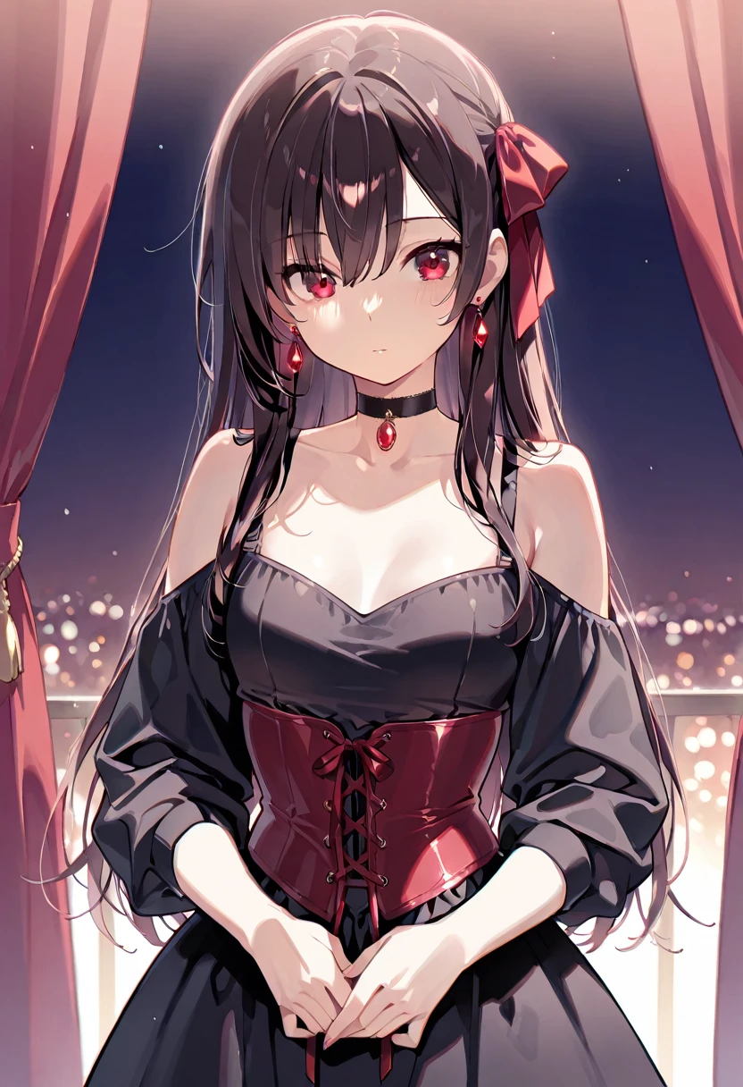 slender, mature female,rose, red_rose, red_flower, flower, 1girl, breasts, rose_petals, cleavage, long_hair, rating:safe, large_breasts, black_rose, dress, black_dress, solo, thorns, camellia, choker, looking_at_viewer, collarbone, very_long_hair, pink_rose, petals, long_sleeves, bare_shoulders, sitting, red_eyes, black_flower, brown_eyes, blush, bangs, sidelocks, black_hair, piercing, parted_lips, closed_mouth, purple_rose, jacket, ear_piercing, spider_lily, belt, earrings, jewelry, long_dress, brown_hair, thighs
