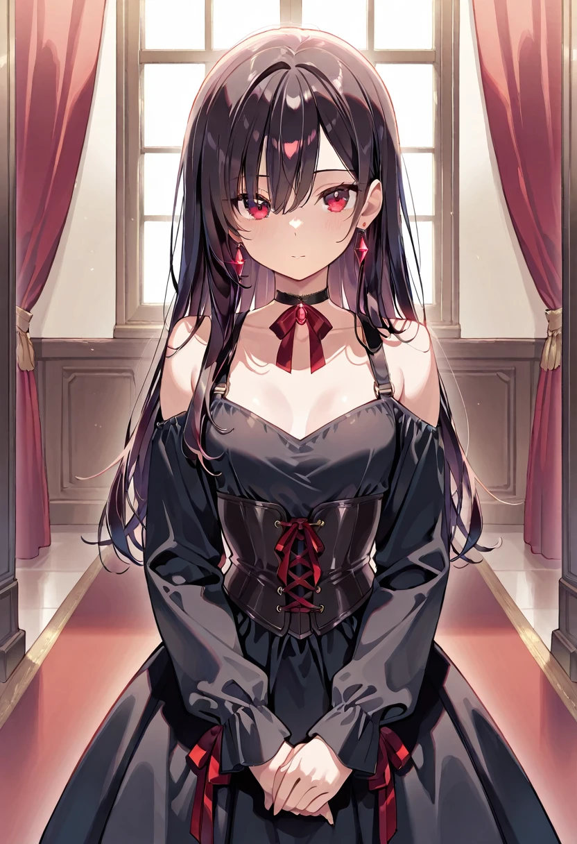 (extremely detailed CG unity 8k wallpaper), (((ultra-detailed))), ((extremely detailed)), (((best illustration))), best illumination, ((extremely delicate and beautiful)), ((an extremely delicate and beautiful girl)), colorful, (Dining in a luxurious restaurant:1.3), ((1 girl, solo:1.9)), {{finely detailed beautiful eyes and detailed face}}, expressionless, extra long hair, One eyes, (opaque hair:1.5), (hair over right eye:1.9), (((deep black hair))), (red empty eyes:1.5), beautiful detailed eyes, mature female, big breast, slender, gentle atmosphere, (((intricate details))), (sexy and elegant black dress:1.5), medium height black boots, ((black choker with ruby pendent:1.5)), sitting, bishoujo, full-body, pov hands, torso grab