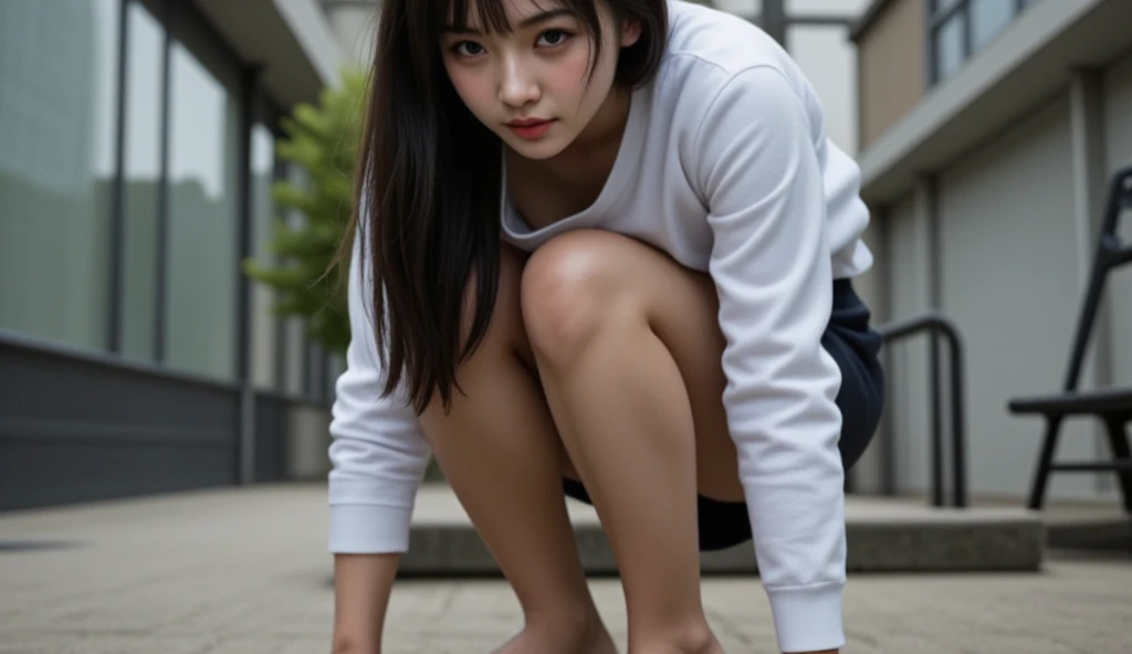 (The best quality, masterpiece), 1girl, athletic, outdoor, squat, looking at the viewer, 1 young woman, Tight White Expandex Sports Panties, tight white sports bra, athletic, sports field, curve, whole body, Sports shoes , clash, squat, open leg, sitting facing forward symmetrical image