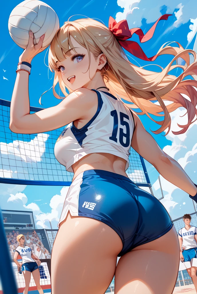 Masterpiece ,best quality , high resolution , (1 girl solo:1.38) , (mavis, long hair, blonde hair, (green eyes:1.5), ahoge, wavy hair, animal ears,) , (cleavage:1.2) , (medium breast:1.28) , (wear baseball hat , belly , navel , sport top , sport short , stockings ) , (arms behind back . hands behind back) , (cleavage:1.15) , (big breast:1.1) , (back view , from behind , looking back , head back , face view , look at view ) , (outdoor , Baseball field,race,streamers,victory,celebrate) , (standing , Legs , thighs , cowboy shot) , ( full face blush , shy , smile , open mouth)