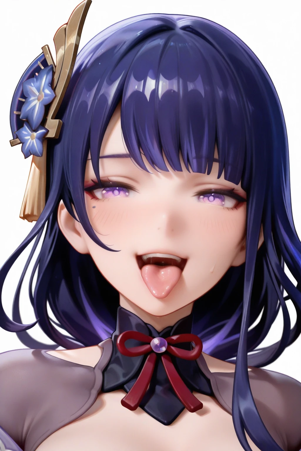 raiden shogun, 1girl, long hair, open mouth, bangs, simple background, hair ornament, 1boy, white background, purple eyes, purple hair, flower, hetero, censored, solo focus, tongue, hair flower, tongue out, mole, mosaic censoring, mole under eye, tassel, purple flower