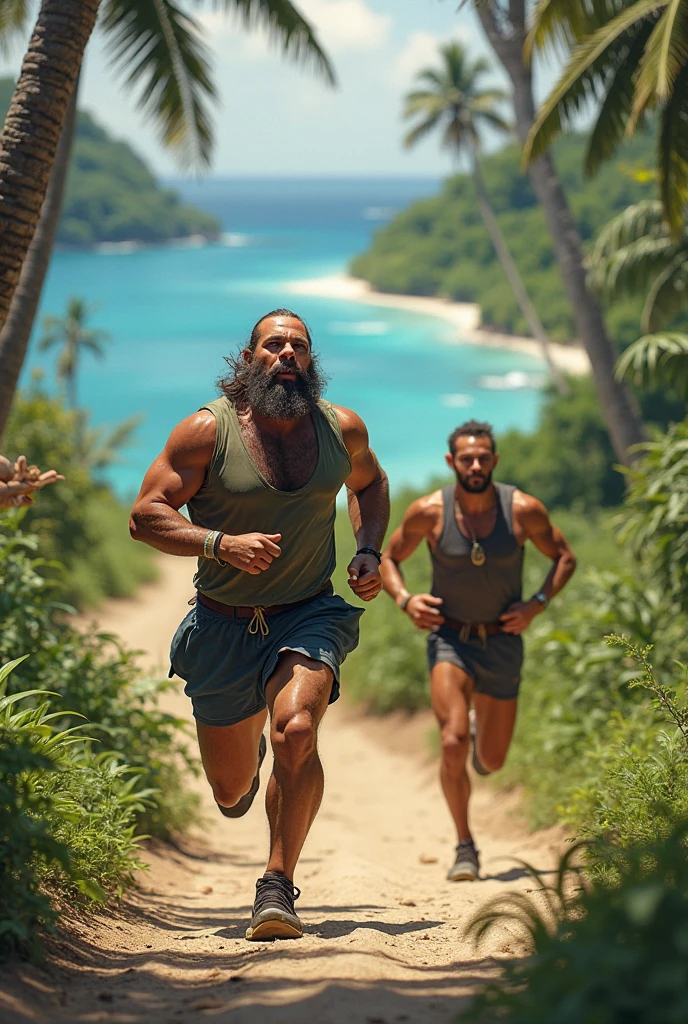 Paleolithic Man and Woman with defined muscles, very attractive on the beach with a KETTLE BELL in the man&#39;s right hand and the woman in her left hand
