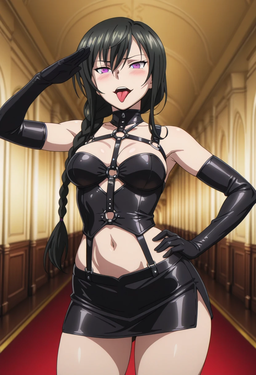 masterpiece, highest quality, High resolution, highly detailed face, Detailed CG, black hair, blue eyes, short hair,large breasts, (Long gloves covered in black latex all the way to the fingertips), (Black latex corset dress), (Halter neck corset dress), (Black latex tight mini skirt), (Black thigh-high boots),blush, stylish pose, stylish angle, looking at the viewer, in the center of the image, cowboy shot, arms up, armpits visible, detailed armpits , glasses