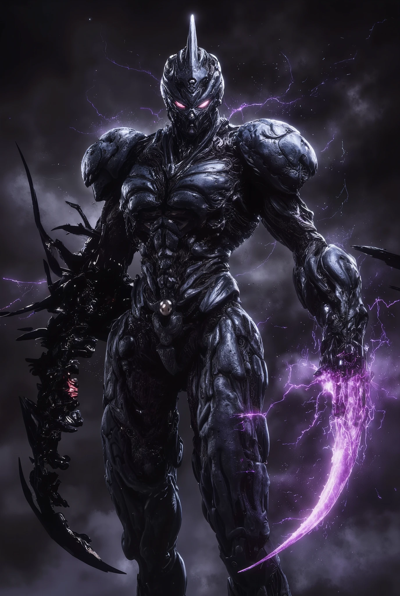 • Height: Becomes 7 feet tall , towering like an eldritch warlord . • Horns: A crown of blackened , resembling a Vasto Lorde’s or a Shadow Monarch’s helm . • Full Hollow Exoskeleton: A fusion of Vasto Lorde bone armor and shadow-forged plating , making him nearly indestructible . • Energy Manifestation: His right arm is engulfed in ethereal black flames , while his left arm crackles with violet lightning—the result of fully mastering the abyss .