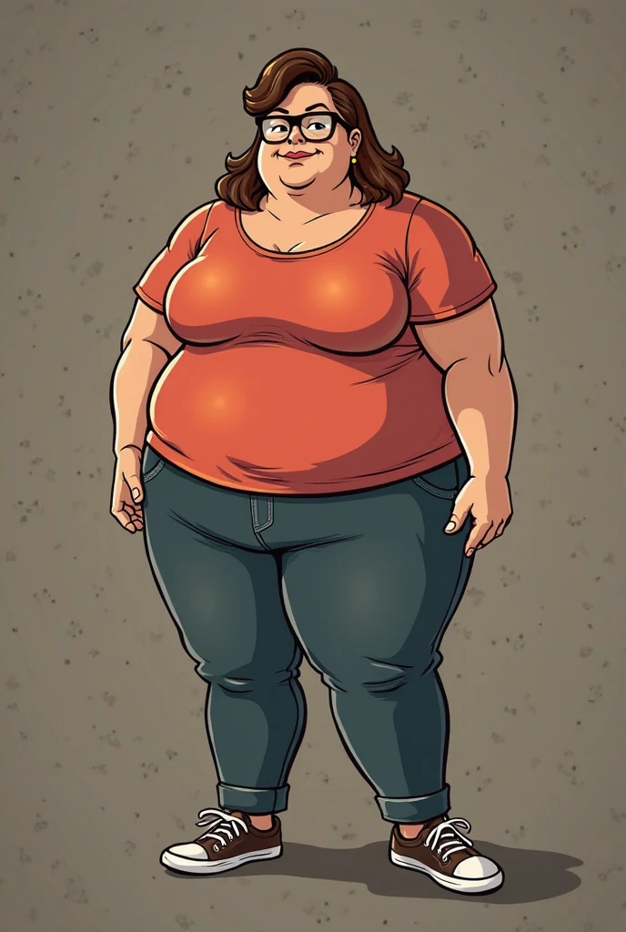 Image of a cartoon girl with shoulder-length red hair, cinnamon skin and dark eyes, fat, dressed in a pink strappy blouse and wide black pants and white tennis shoes, also carrying a thermos of water in her hand and a purple bag