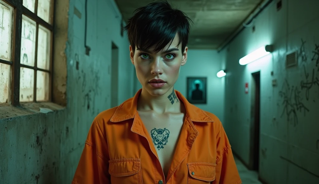 ((best quality)), ((​masterpiece)), (detailed), Beautiful European woman, 30 years old, (((very short hair, Sidecut, Undercut, green streaks))), small bust, big eyes, ((Latex Bikini)), slender figure, ((tattooed)), ((Piercings)), (nose piercing), Belly button piercing, (ear rings), ((pierced lips)), narrow hips, Looking into the camera against the light, ((Hands behind the head)), lascivious, ((erotic)), (provocative), sexly, (leather collar), ((green strands of hair)), ((erotice Pose)), horny, thick lips