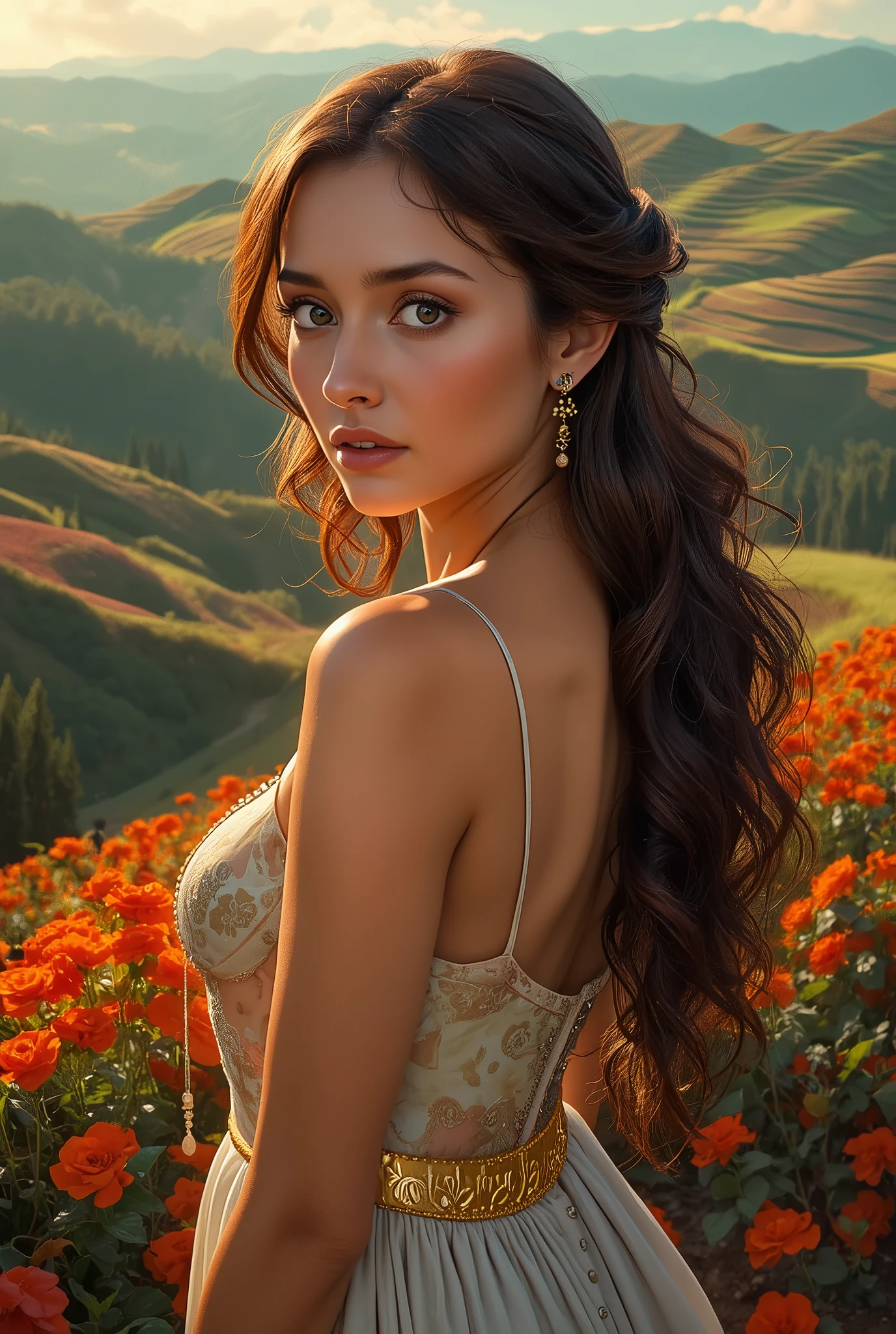 a beautiful Italian woman in the world, elegant Italian woman, photorealistic, 8K, high quality, detailed portrait, intricate facial features, warm skin tones, compelling gaze, graceful posture, flowing dress, ornate accessories, lush natural surroundings, scenic Italian landscape, rolling hills,vibrant colors,cinematic lighting,dramatic shadows,masterpiece,professional photography