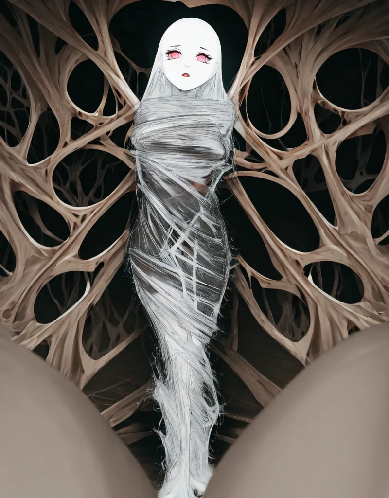 visual spectral radio wave signals emission fused with organic form structure, subsonic spectrum, gray clay cluster, Fibonacci fractal, geometric design, [m : immersed and stuck between strangled strata incisions very cute girl body statue closeup, extreme long floating straight hair with bangs:0.33], marble purgatory, wuthering atmosphere, aesthetic redshift render