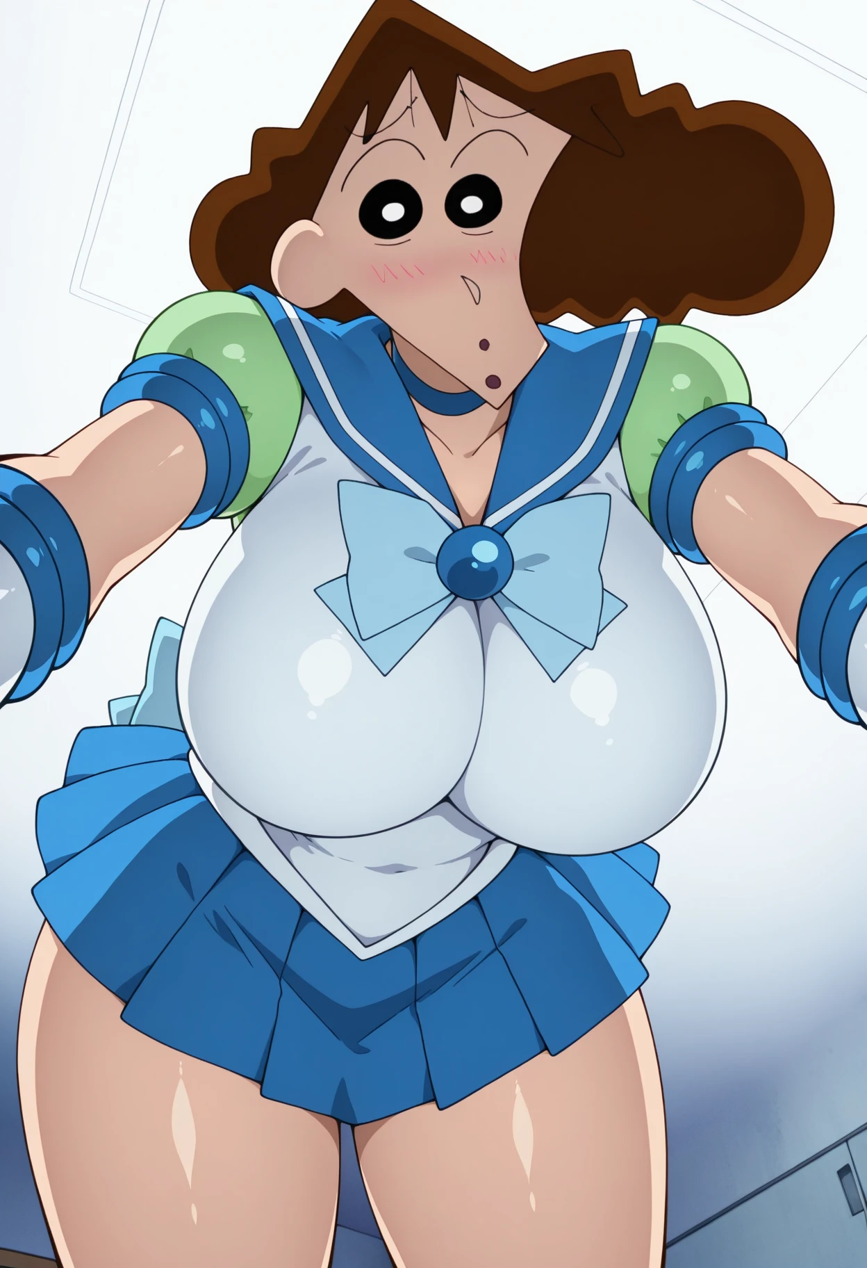 Sailor Jupiter, makeup, pink eyeshadow, red lipstick, Brown hair, Sailor Jupiter hair, Ponytail, mini skirt, beautiful, (masterpiece:1.2), (best quality:1.2), perfect eyes, perfect face, perfect lighting, 1girl, cropped legs, curvy, Sailor Jupiter outfit, exposed midriff, white croptop, Chest bow, long gloves, White Thighhighs, choker, grabbing nipples, hand on hip, huge breasts, smile, solo, thick thighs, Point of view from below, Can be seen under mini skirt, Exposed panties, showing panties and super tight thong