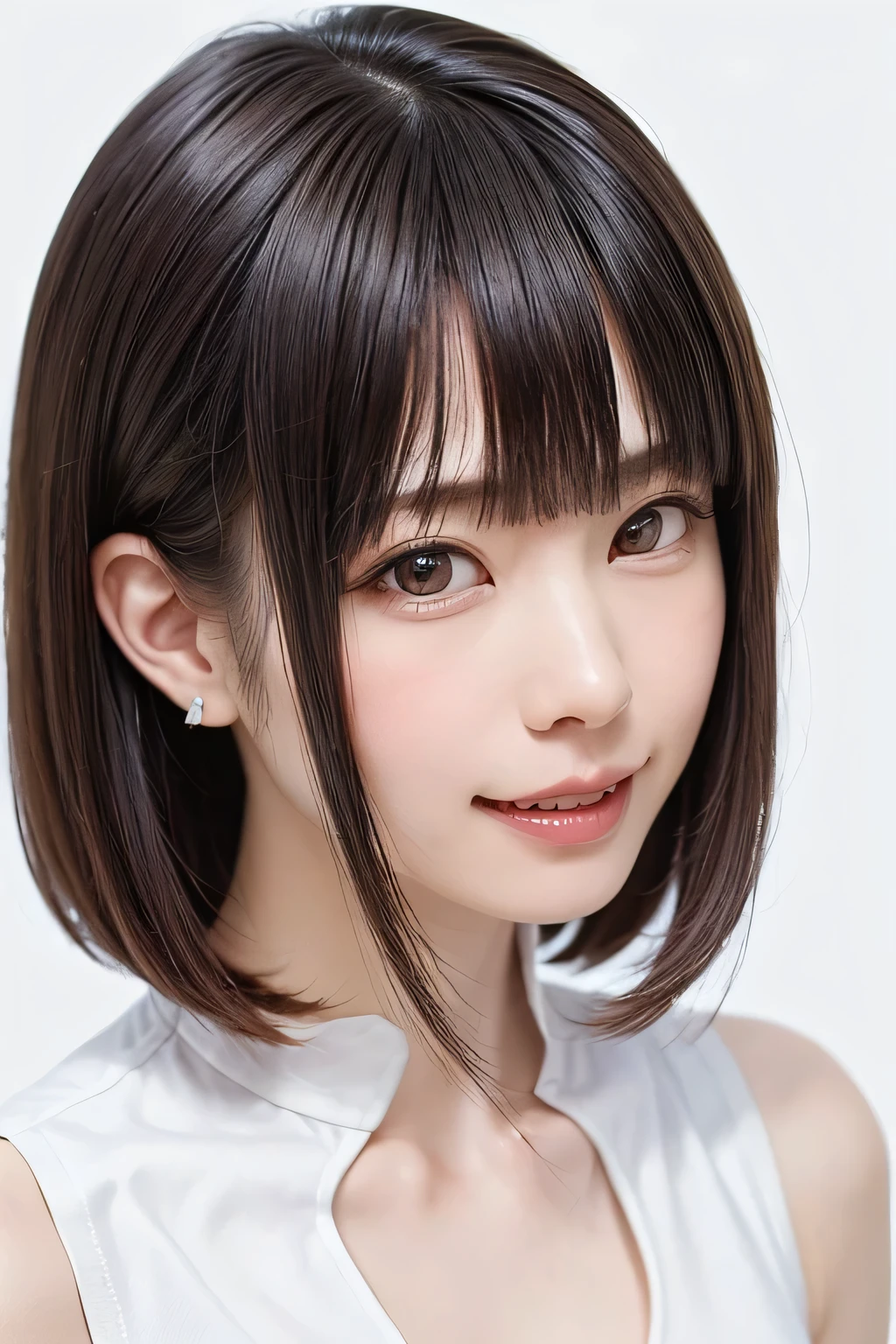 1 girl, alone, Shiny skin, chest, very detaileded, ultra detaileded, Ultra-high resolution, whole body, (Photorealism:1.4), (highest quality), (Best Shadow), Ulzzang-6500, detailed, Perfect lighting, Black Hair, ((Showpiece, highest quality, High precision)), One Girl, (big chest, Realistic: 1.4), (look up at the camera even a little, カメラをlook up, look up, look up at the camera, Looking into the camera))), alone, , White Background, snow-White Background, shut up., smile, pretty Black Hair, short hair, Big eyes, Transparent double eyelids, eyelash, listen, Long neck, Long neck, Absolute area, ((Face close-up, short hair with bangs)), 19 years old, Attractive proportions, Shiny skin, Beautiful clavicle, Golden ratio face, Perfect Face, Teardrop-shaped mole, chestのほくろ, bangs, clean bangs, beautiful bangs, Lip gloss, Thin lips, White skin, I took off my clothes, big chest, Small face, Small face, 少し上を向いてLooking into the camera, ((smile a little for the camera, really nothing pure White Background, very big big chest, big chest))