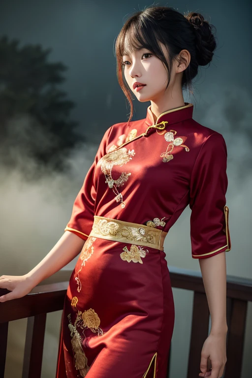 Realistic, masterpiece, Highest quality, Highest Resolution, Anatomically correct, Accurate Anatomy, 7 heads, Height: 165cm, One Japanese woman, Open your mouth and laugh, Staring at the audience, Fine and beautiful eyes, Sparkling eyes, Thin eyebrows, Gives lashes a delicate finish, False eyelashes, (Chinese traditional makeup:1.2), (Braided hair, Blunt bangs, Brown Hair:1.2), Detailed face, Sharp Eyes, (A latex cheongsam with a classic red base and gold patterns, Clothes that fit snugly to the body:1.3), Upper body photo, Background like ink painting